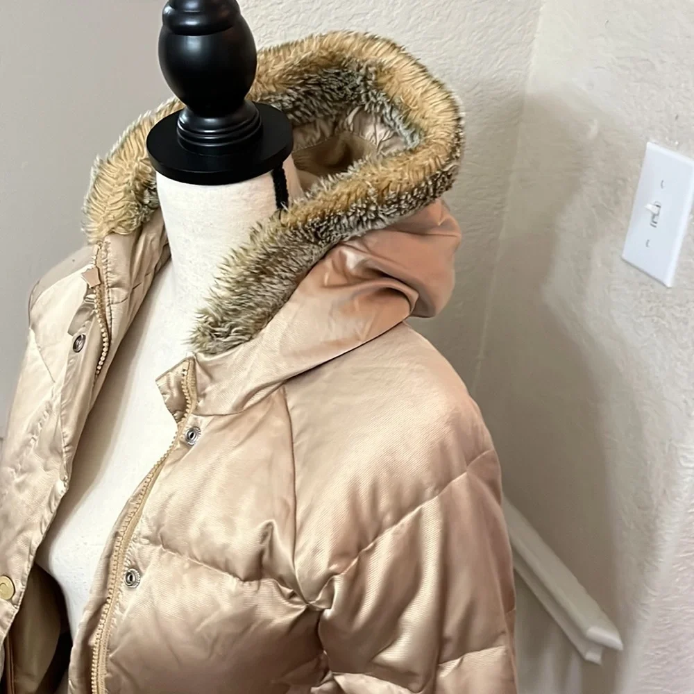 Old Navy tan/gold shiny puffer jacket with faux fur lined hood Size S